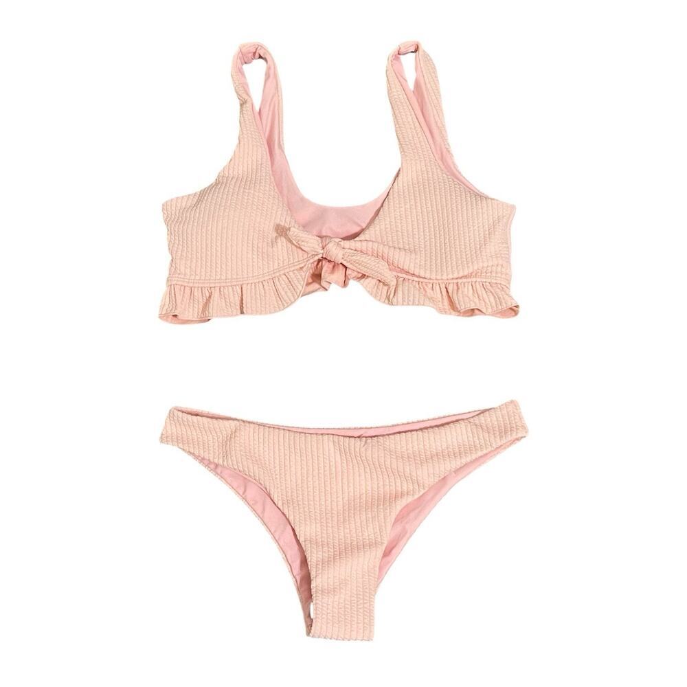 Ruffle Trim Textured Tie Front Bikini Size M Peachy Pink Coquette NWOT